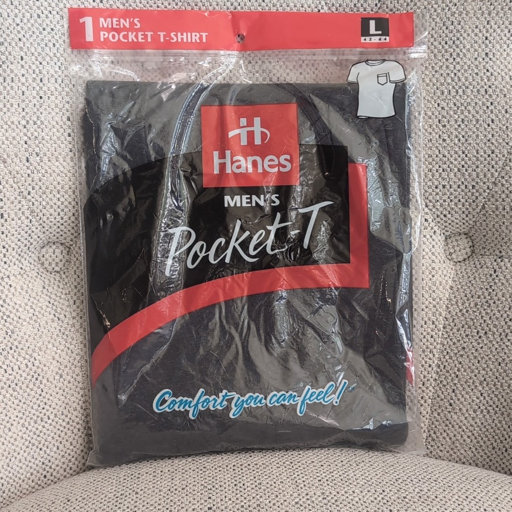 Vintage HANES Mens Pocket T Tee Shirt Large NOS Sealed Dark Grey Heather 1997